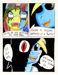 Size: 785x1017 | Tagged: artist:the1king, blood, comic, comic:fluttershy and the rainbow factory, crying, derpibooru import, drool, fanfic:rainbow factory, grimdark, oc, oc:bronydanceparty, pain, parody, rarity, running makeup, traditional art, unconscious