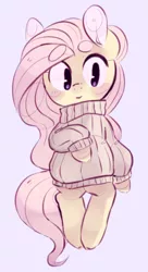 Size: 261x481 | Tagged: dead source, safe, artist:rarishes, derpibooru import, fluttershy, pony, beanbrows, bipedal, blushing, clothes, cute, eyebrows, gray background, shyabetes, simple background, solo, sweater, sweatershy