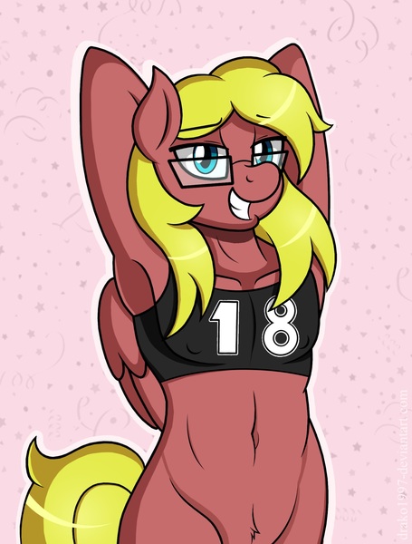 Size: 1280x1688 | Tagged: anthro, arm behind head, armpits, artist:drako1997, birthday, bottomless, clothes, derpibooru import, glasses, male, oc, oc:drako, questionable, solo, solo male, sports bra, unofficial characters only