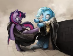 Size: 700x538 | Tagged: safe, artist:miszasta, derpibooru import, trixie, twilight sparkle, pony, semi-anthro, unicorn, 300, bipedal, bottomless pit, cloak, clothes, duckface, female, frown, glare, gritted teeth, imminent death, kicking, mare, murder, parody, scene parody, this is sparta, watermark, wide eyes