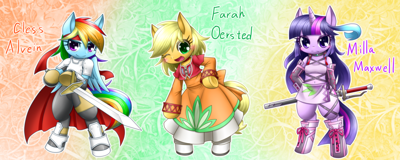 Size: 1750x700 | Tagged: anthro, applejack, artist:hashioaryut, cless albein, crossover, derpibooru import, farah oersted, milla maxwell, pixiv, rainbow dash, safe, tales of eternia, tales of phantasia, tales of series, tales of xillia, twilight sparkle