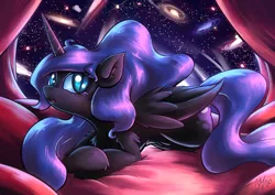 Size: 2046x1447 | Tagged: safe, artist:lovelyneckbeard, derpibooru import, nightmare moon, alicorn, pony, bed, chest fluff, cute, ear fluff, female, fluffy, looking at you, mare, missing accessory, open mouth, prone, solo, stars
