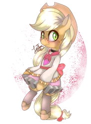 Size: 1024x1396 | Tagged: applejack, artist:sofilut, blushing, clothes, derpibooru import, safe, semi-anthro, simple background, skirt, solo, transparent background