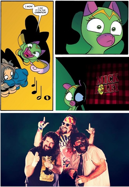 Size: 770x1114 | Tagged: artist:jay fosgitt, cactus jack, cheerilee, cloverleaf, cloverleaf is doomed, derpibooru import, dude love, ecw, mankind (wrestler), mick foley, multeity, safe, spoiler:comic, spoiler:comic29, surprise entrance meme, wwe, wwf