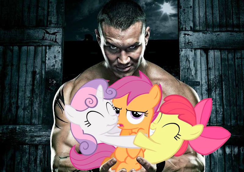 Size: 1000x703 | Tagged: apple bloom, crossover, cutie mark crusaders, derpibooru import, edit, poster, pro wrestling, randy orton, safe, scootaloo, sweetie belle, wwe