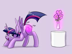 Size: 1024x768 | Tagged: safe, derpibooru import, twilight sparkle, twilight sparkle (alicorn), alicorn, pony, derpin daily, butt shake, cutie mark magic, face down ass up, female, flower, levitation, literal, looking back, magic, mare, open mouth, plot, pun, smiling, solo, spread wings, telekinesis, twibutt, visual pun, wat, wiggle