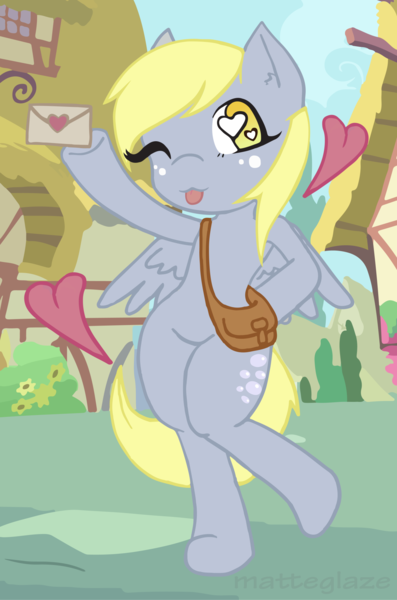 Size: 1269x1920 | Tagged: safe, artist:matteglaze, derpibooru import, derpy hooves, pony, semi-anthro, bipedal, heart, wingding eyes