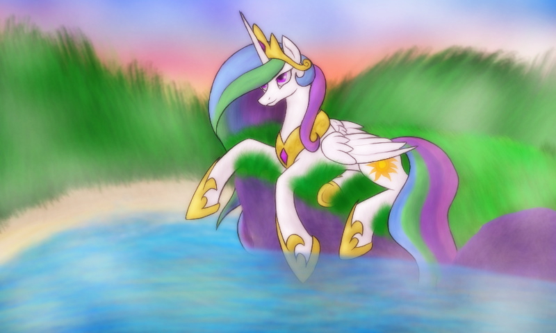 Size: 800x480 | Tagged: safe, artist:spyrica, derpibooru import, princess celestia, grass, prone, solo, water