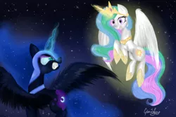 Size: 1500x1000 | Tagged: artist:gloriajoy, confrontation, derpibooru import, flying, gritted teeth, magic, nightmare moon, princess celestia, safe, spread wings