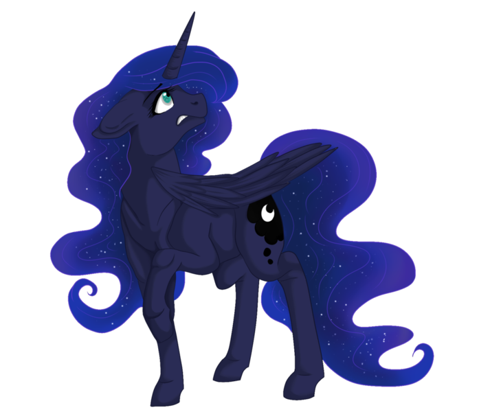 Size: 1024x882 | Tagged: artist:gloriajoy, derpibooru import, floppy ears, hoers, horse, looking up, nervous, princess luna, raised hoof, safe, simple background, solo, transparent background