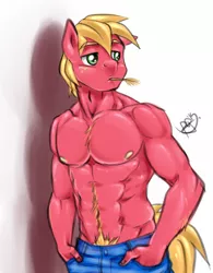 Size: 700x899 | Tagged: abs, anthro, artist:pia-sama, bare chest, big macintosh, clothes, derpibooru import, happy trail, male, muscles, solo, solo male, stupid sexy big macintosh, suggestive, topless