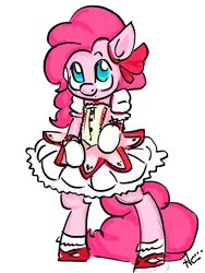 Size: 1500x2000 | Tagged: source needed, safe, artist:kinkiepinkiepie, derpibooru import, pinkie pie, pony, bipedal, clothes, cosplay, cute, diapinkes, dress, looking at you, madoka, no pupils, simple background, smiling, solo, standing, transparent background