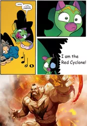 Size: 775x1115 | Tagged: artist:jay fosgitt, cheerilee, comic, crossover, derpibooru import, edit, exploitable meme, idw, meme, safe, spoiler:comic, street fighter, surprise entrance meme, text, this will end in pain, wrestling, zangief