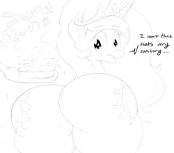 Size: 3919x3455 | Tagged: artist:purple-yoshi-draws, both cutie marks, burger, cooking, derpibooru import, food, hamburger, monochrome, plot, princess celestia, pun, solo, suggestive, sunbutt, the ass was fat, visual pun