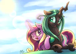 Size: 2046x1447 | Tagged: safe, artist:lovelyneckbeard, derpibooru import, princess cadance, queen chrysalis, alicorn, changeling, changeling queen, pony, cadalis, cloud, cuddling, cute, cutealis, cutedance, female, happy, lens flare, lesbian, looking at each other, magic, mare, one eye closed, open mouth, shipping, sky, snuggling, sun, wink