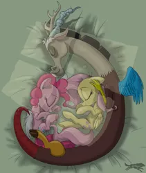 Size: 1850x2188 | Tagged: safe, artist:lostinthetrees, derpibooru import, discord, fluttershy, pinkie pie, draconequus, earth pony, pegasus, pony, curled up, cute, daaaaaaaaaaaw, diapinkes, discopie, discord gets all the mares, discoshy, discute, eyes closed, female, lucky bastard, male, mare, ot3, polyamory, shipping, shyabetes, side, sleeping, smiling, straight