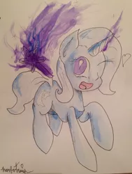 Size: 966x1280 | Tagged: safe, artist:manfartwish, derpibooru import, trixie, pony, unicorn, female, magic, mare, solo, traditional art, wand, wink