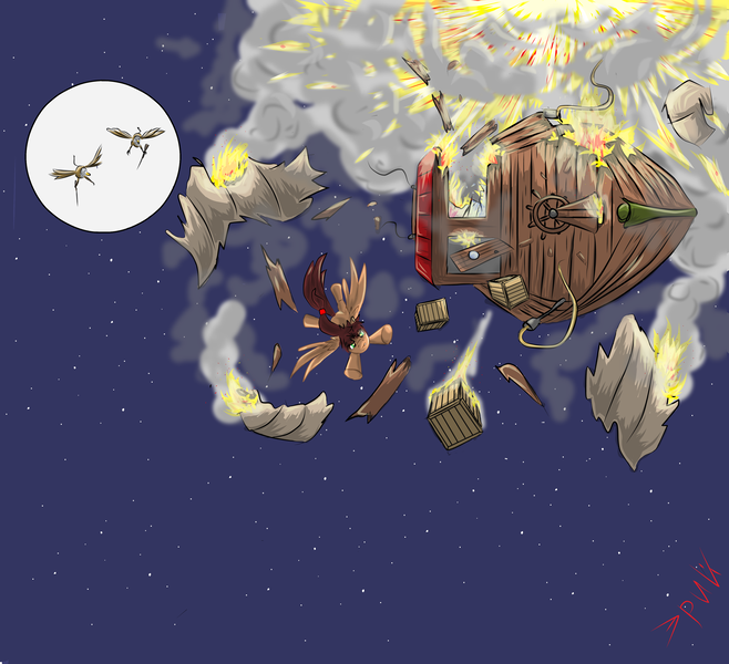 Size: 9756x8892 | Tagged: safe, artist:eriada, derpibooru import, oc, oc:ayri, unofficial characters only, gryphon, pegasus, pony, absurd resolution, airship, explosion, fire, flying, moon, night, spread wings, stars, wings