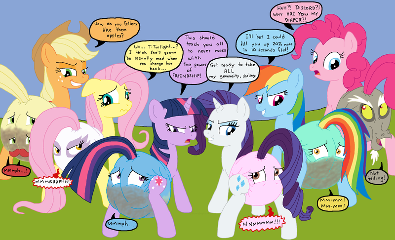 Size: 3073x1865 | Tagged: questionable, artist:boxtrot, derpibooru import, applejack, discord, flam, flim, fluttershy, gilda, lightning dust, pinkie pie, rainbow dash, rarity, suri polomare, trixie, twilight sparkle, gryphon, pony, unicorn, dialogue, diaper, diaper fetish, diaper tf, female, fetish, flim flam brothers, mane six, mare, messy diaper, poofy diaper, poopy diaper, request, sequel