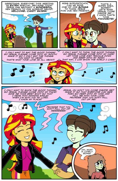Size: 1280x1961 | Tagged: questionable, artist:catfood-mcfly, derpibooru import, sophisticata, sunset shimmer, oc, oc:candy skies, oc:checked privilege, equestria girls, background human, bait, bible, christian sunset shimmer, christianity, cross, fury belle, guitar, innuendo, jesus christ, religion, singing, the third wave of fury belle, we are going to hell