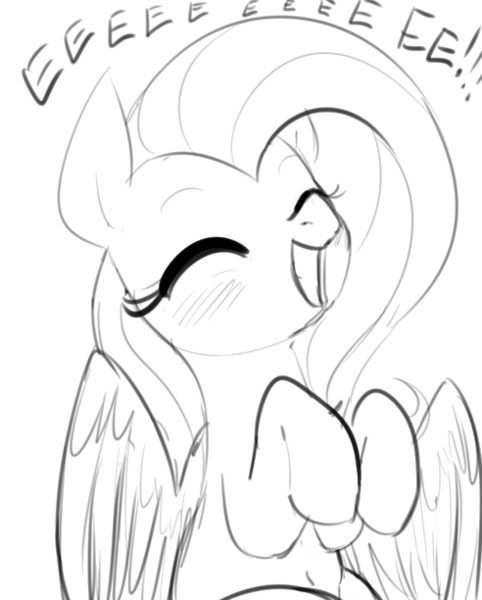 Size: 492x612 | Tagged: safe, artist:dotkwa, derpibooru import, fluttershy, pegasus, pony, blushing, cute, eeee, excited, exclamation point, eyes closed, female, grin, happy, mare, monochrome, shyabetes, simple background, sitting, smiling, solo, spread wings, squee, white background, wings