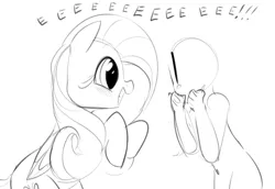 Size: 816x561 | Tagged: safe, artist:dotkwa, derpibooru import, fluttershy, oc, oc:anon, human, pegasus, pony, bipedal, blushing, cute, eeee, excited, exclamation point, eye contact, female, grin, looking at each other, mare, monochrome, rearing, shyabetes, simple background, smiling, squee, white background