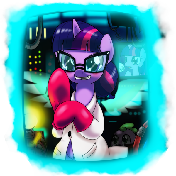 Size: 1600x1600 | Tagged: safe, artist:hoyeechun, derpibooru import, sci-twi, spike, twilight sparkle, twilight sparkle (alicorn), ponified, alicorn, pony, unicorn, equestria girls, clothes, equestria girls ponified, female, glasses, gloves, lab coat, mare, ponified humanized pony, scared, twolight, unicorn sci-twi