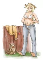 Size: 900x1250 | Tagged: applejack, artist:king-kakapo, barefoot, belly button, belt, boots, bra, clothes, derpibooru import, dressing, feet, human, humanized, jeans, panties, safe, sketch, solo, underwear, white underwear