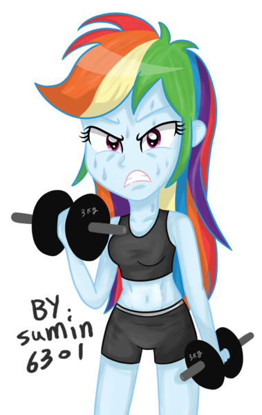 Size: 1172x1855 | Tagged: safe, artist:sumin6301, derpibooru import, rainbow dash, equestria girls, belly button, clothes, midriff, simple background, solo, sports bra, sports shorts, transparent background, vector, weight lifting