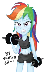 Size: 1172x1855 | Tagged: safe, artist:sumin6301, derpibooru import, rainbow dash, equestria girls, belly button, clothes, midriff, simple background, solo, sports bra, sports shorts, transparent background, vector, weight lifting