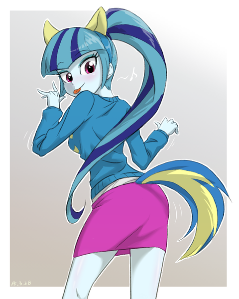 Size: 702x877 | Tagged: safe, artist:ta-na, derpibooru import, sonata dusk, equestria girls, :p, blushing, clothes, cute, dancing, female, looking back, skirt, solo, sonata donk, sonatabetes, sweater, tail, tongue out, wondercolts