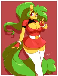 Size: 700x906 | Tagged: anthro, anthro oc, artist:chalodillo, big breasts, breasts, cleavage, clothes, derpibooru import, female, oc, oc:mango, peace sign, red background, safe, simple background, solo, stockings, unofficial characters only, wide hips