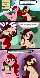 Size: 502x960 | Tagged: collar, comic, derpibooru import, german, hairbrush, mane styling, oc, oc:cherryfiller, oc:sugar crayon, spit take, suggestive, sweatdrop, unofficial characters only, vulgar