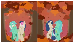 Size: 1024x591 | Tagged: safe, artist:coggler, derpibooru import, bon bon, lyra heartstrings, sweetie drops, autumn, butt bump, butt to butt, butt touch, female, intertwined tails, lesbian, lyrabon, shipping