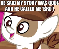 Size: 575x475 | Tagged: safe, derpibooru import, screencap, pipsqueak, earth pony, pony, twilight time, caption, colt, cool story bro, excited, happy, image macro, male, meme, noob, oblivious, open mouth