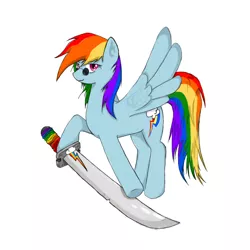 Size: 900x900 | Tagged: artist:hewhoerasesmost, derpibooru import, dexterous hooves, rainbow dash, safe, solo, sword, weapon