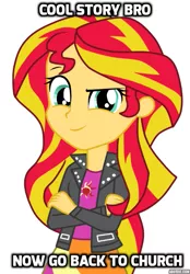 Size: 533x768 | Tagged: safe, derpibooru import, sunset shimmer, equestria girls, christian sunset shimmer, clothes, crossed arms, humanized, image macro, jacket, meme, mouthpiece, neoreactionary sunset shimmer, solo, text