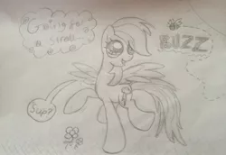 Size: 2232x1534 | Tagged: bee, cloud, cute, derpibooru import, flower, monochrome, rainbow dash, safe, spread wings, sun, traditional art