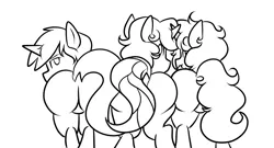 Size: 1300x700 | Tagged: suggestive, artist:star, derpibooru import, oc, oc:dreamcatcher, oc:maryonette, oc:orange burst, unofficial characters only, pony, female, females only, flank, looking back, mare, plot, plotline