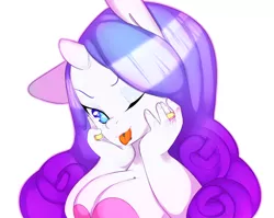 Size: 1280x1021 | Tagged: anthro, artist:tesuai, breasts, busty rarity, cleavage, derpibooru import, female, rarity, safe, solo, wink