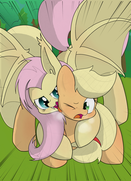 Size: 1554x2160 | Tagged: safe, artist:yasumitsu, derpibooru import, applejack, fluttershy, flutterbat, heavy breathing, pixiv