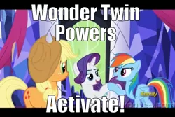 Size: 800x533 | Tagged: applejack, castle sweet castle, derpibooru import, edit, edited screencap, image macro, lightly watermarked, meme, rainbow dash, rarity, safe, screencap, super friends, watermark, wonder twins