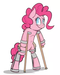 Size: 894x1129 | Tagged: artist:kinard, blind, braces, crutches, derpibooru import, hoof braces, pinkie pie, polio, polio pie, semi-grimdark, solo