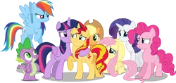 Size: 5370x2543 | Tagged: safe, artist:shutterflyeqd, derpibooru import, applejack, fluttershy, pinkie pie, rainbow dash, rarity, spike, sunset shimmer, twilight sparkle, twilight sparkle (alicorn), alicorn, dragon, earth pony, pegasus, pony, unicorn, alternate mane seven, crying, female, male, mane seven, mane six, mare, redemption, simple background, smiling, transparent background, vector