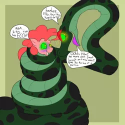 Size: 1280x1280 | Tagged: artist:dafoxy, asphyxiation, choking, coils, derpibooru import, dialogue, fetish, imminent death, imminent vore, kaa, kaa eyes, mind control, peril, pinkie pie, safe, snake