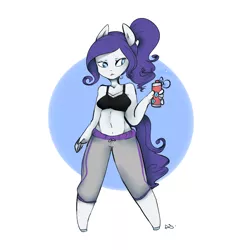 Size: 1000x1000 | Tagged: ambiguous facial structure, anthro, artist:jewelcharmer, belly button, clothes, derpibooru import, midriff, rarity, solo, sports bra, suggestive, sweatpants, water bottle, workout