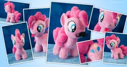 Size: 1231x648 | Tagged: safe, artist:pheiplushies, derpibooru import, pinkie pie, filly, filly pinkie pie, irl, moustache, photo, plushie, tongue out