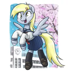 Size: 945x1000 | Tagged: safe, artist:king-kakapo, derpibooru import, derpy hooves, pegasus, pony, cherry blossoms, clothes, female, mare, sailor uniform, school, school uniform, schoolgirl, shoes, socks, solo