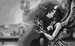 Size: 1000x620 | Tagged: anthro, artist:xenstroke, crying, derpibooru import, elements of harmony, monochrome, princess celestia, safe, solo