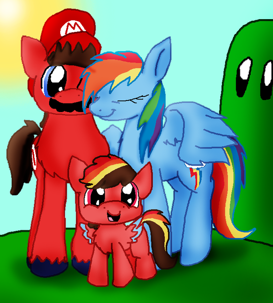 Size: 684x760 | Tagged: artist:yoshi123pegasister, crossover shipping, derpibooru import, female, male, maridash, mario, oc, offspring, parent:mario, parent:rainbow dash, parents:mariodash, ponified, rainbow dash, safe, shipping, straight, super mario bros.